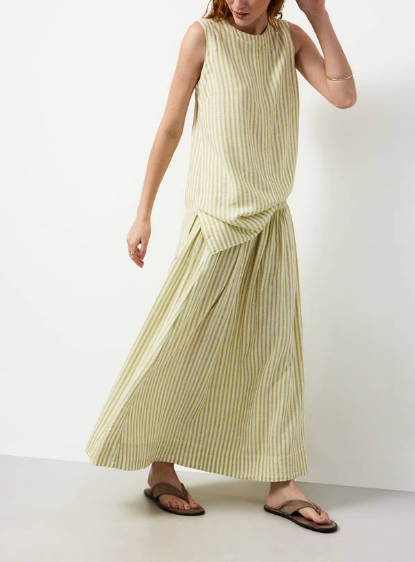Light Green Linen Rich Shirred Waist Midaxi Skirt 20